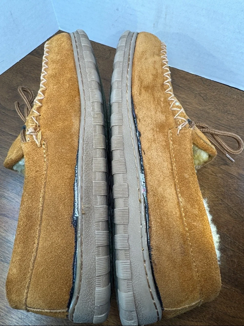 RJs Fuzzies Men's Suede Shearling Lined Moccasin Slippers Grandpa Loafer, sz 9